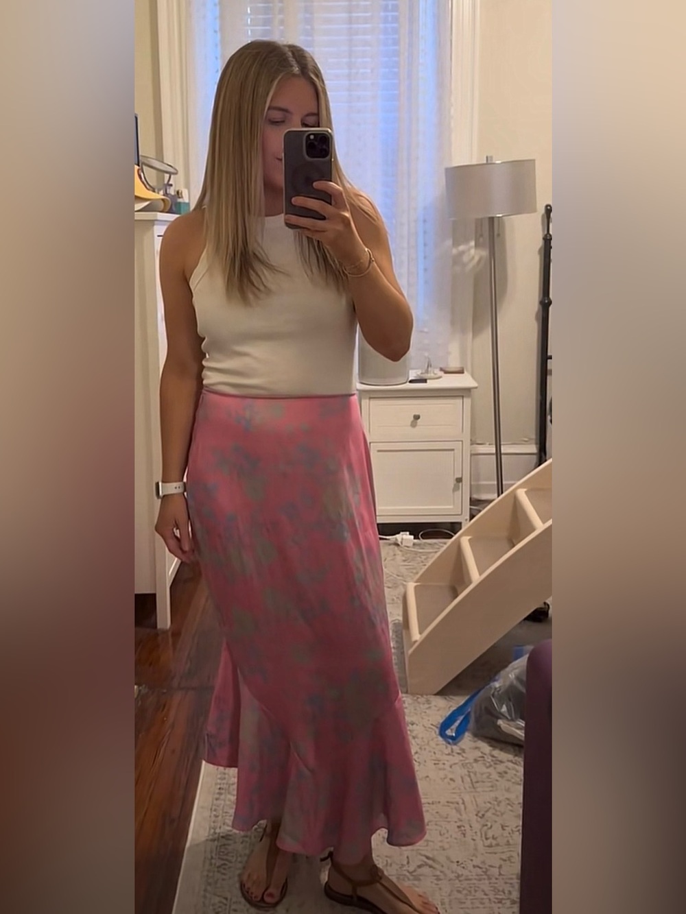 Free People Pink Floral Maxi Skirt with Purple & Green Accents